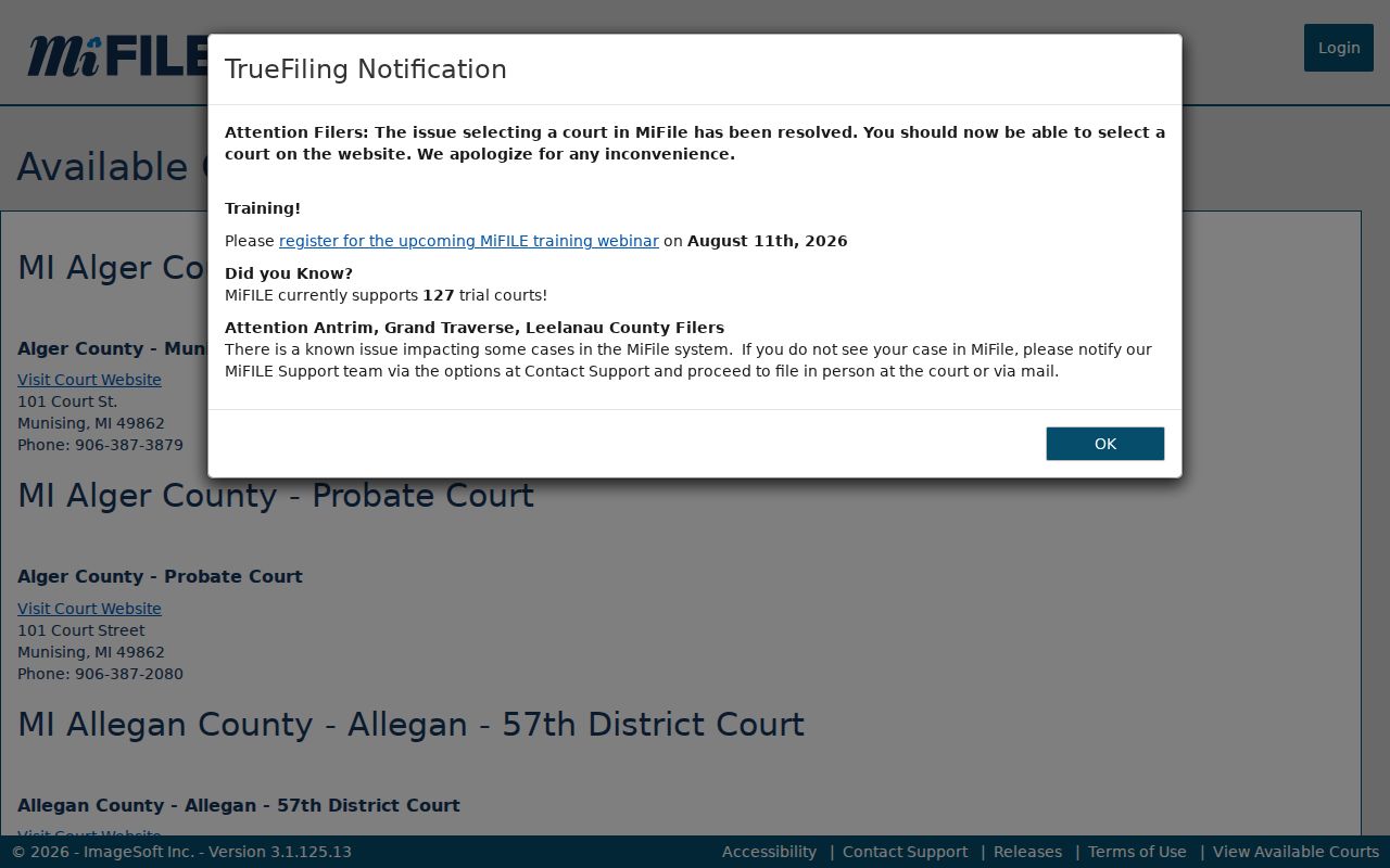 Baraga County case search MiFILE available courts listing