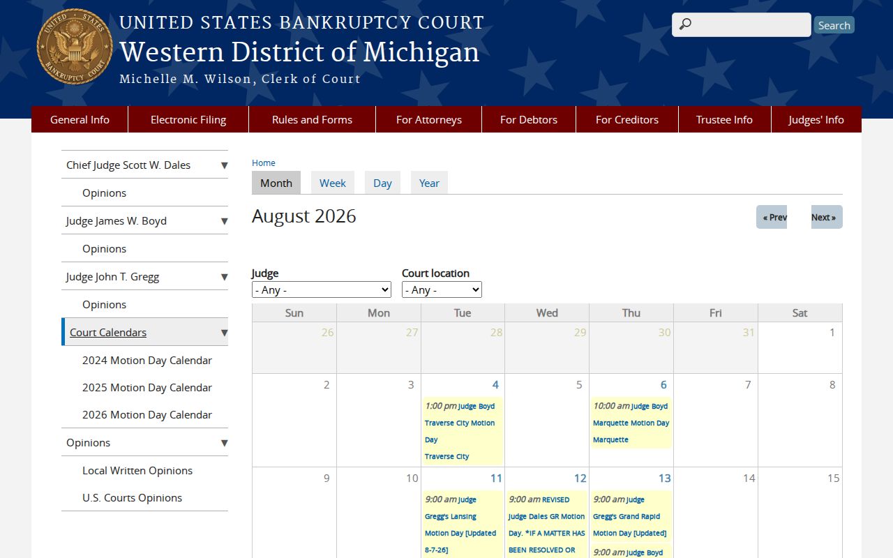 Baraga County court calendar comparison with separate federal bankruptcy calendar controls